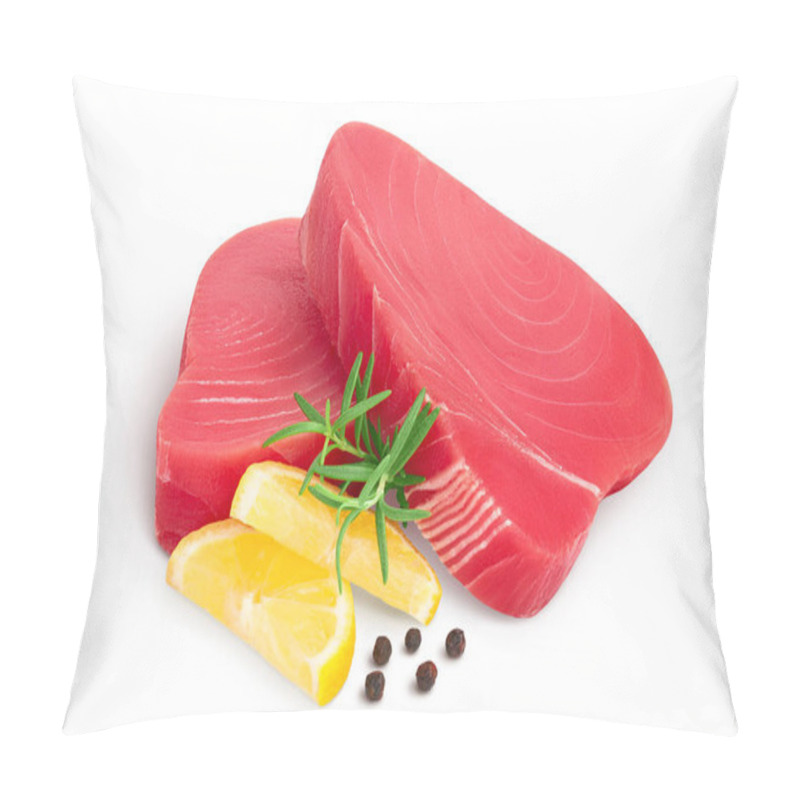 Personality  Fresh Tuna Fish Fillet Steak With Rosemary, Lemon And Peppercorns Isolated On White Background With Clipping Path And Full Depth Of Field Pillow Covers