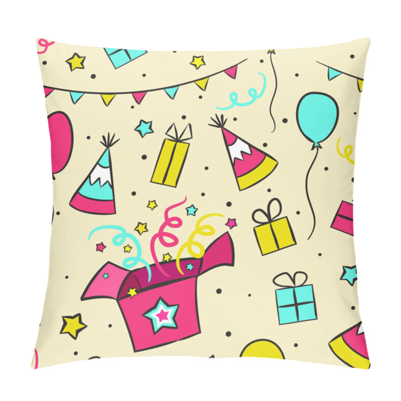 Personality  Happy Birthday Seamless Pattern With Surprise Box. Hand Drawn Holiday Elements, Gifts, Balloons, Stars, Garlands. Festive Vector Illustration. Pillow Covers