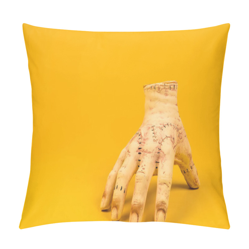 Personality  Severed Hand Set Against A Bright Yellow Background Is Ideal For Creating An Unforgettable Halloween Atmosphere. Pillow Covers