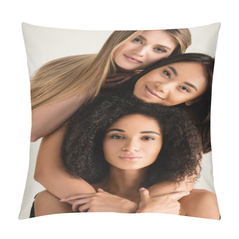 Personality  Different And Young Multicultural Models Smiling While Looking At Camera Isolated On White  Pillow Covers