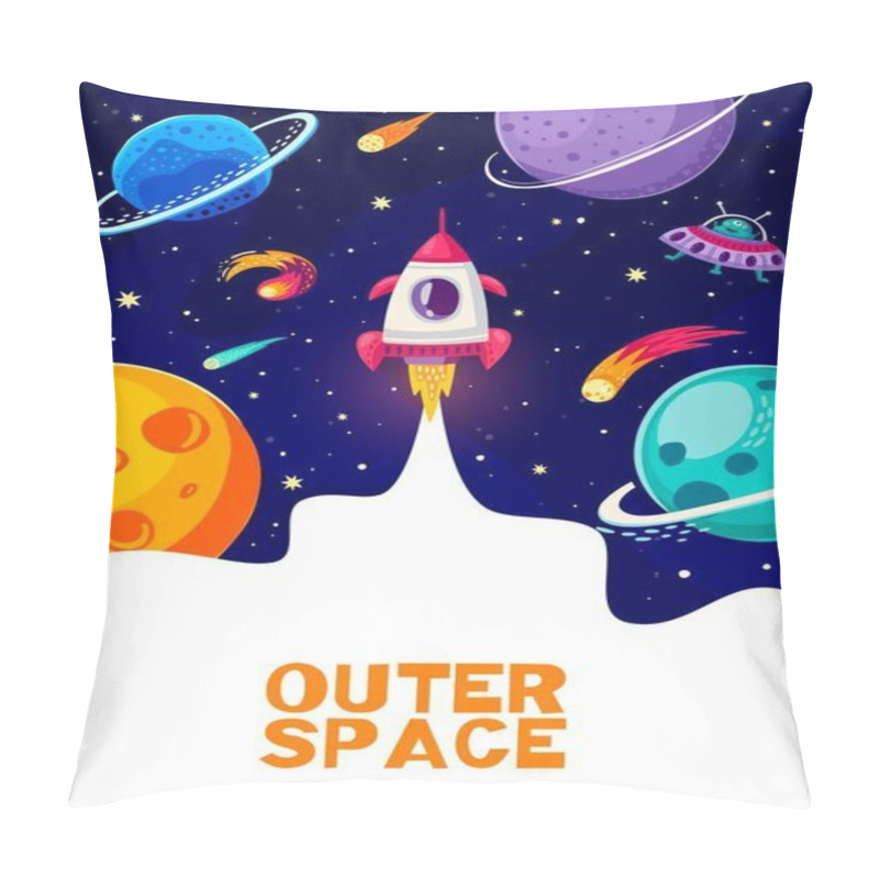 Personality  Cartoon Space Flyer With Rocket Launch To Galaxy Planets And Alien UFO Spaceship, Vector Background. Rocket Start Up Launch Of Shuttle Spaceship To Starry Sky For Outer Space And Galaxy Exploration Pillow Covers