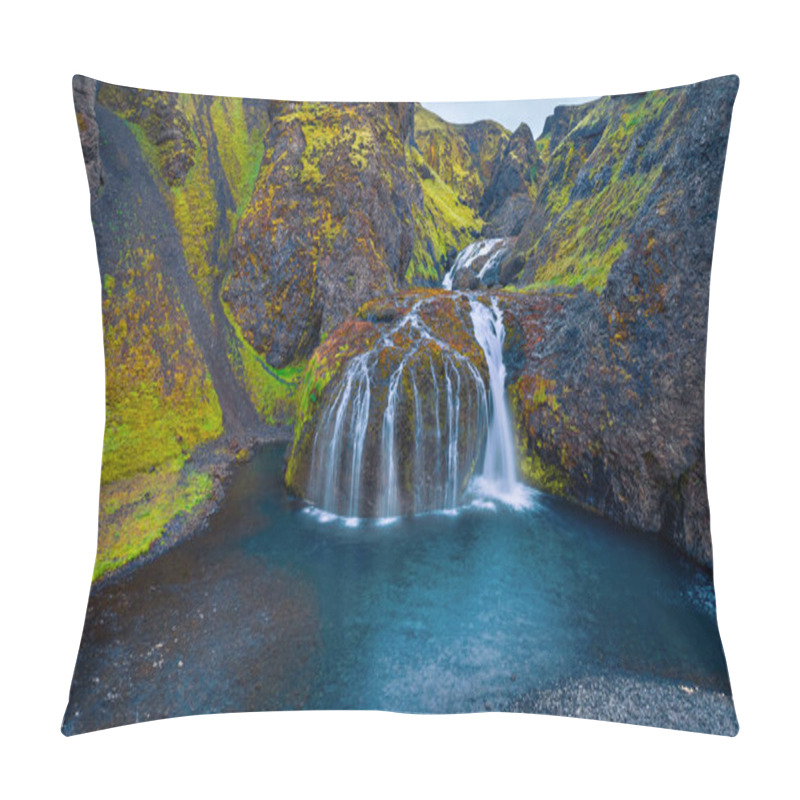 Personality  View From Flying Drone Of Stjornarfoss Waterfall. Breathtaking Summer Scene Of Iceland, Europe. Beauty Of Nature Concept Background. Travel To Iceland. Pillow Covers