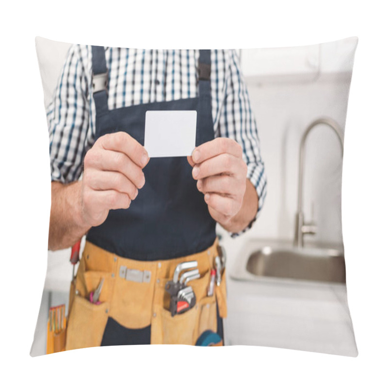 Personality  Cropped View Of Workman In Tool Belt Holding Empty Card In Kitchen  Pillow Covers