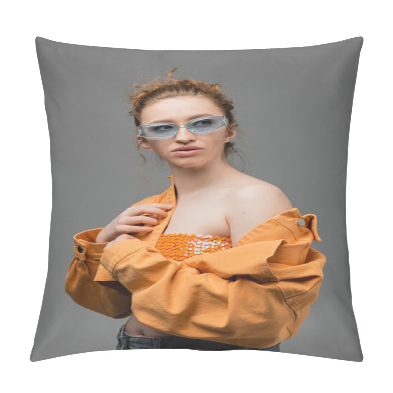 Personality  Stylish Young Red Haired Woman In Sunglasses, Top With Sequins And Orange Denim Jacket With Naked Shoulder Standing Isolated On Grey Background, Trendy Sun Protection Concept, Fashion Model  Pillow Covers