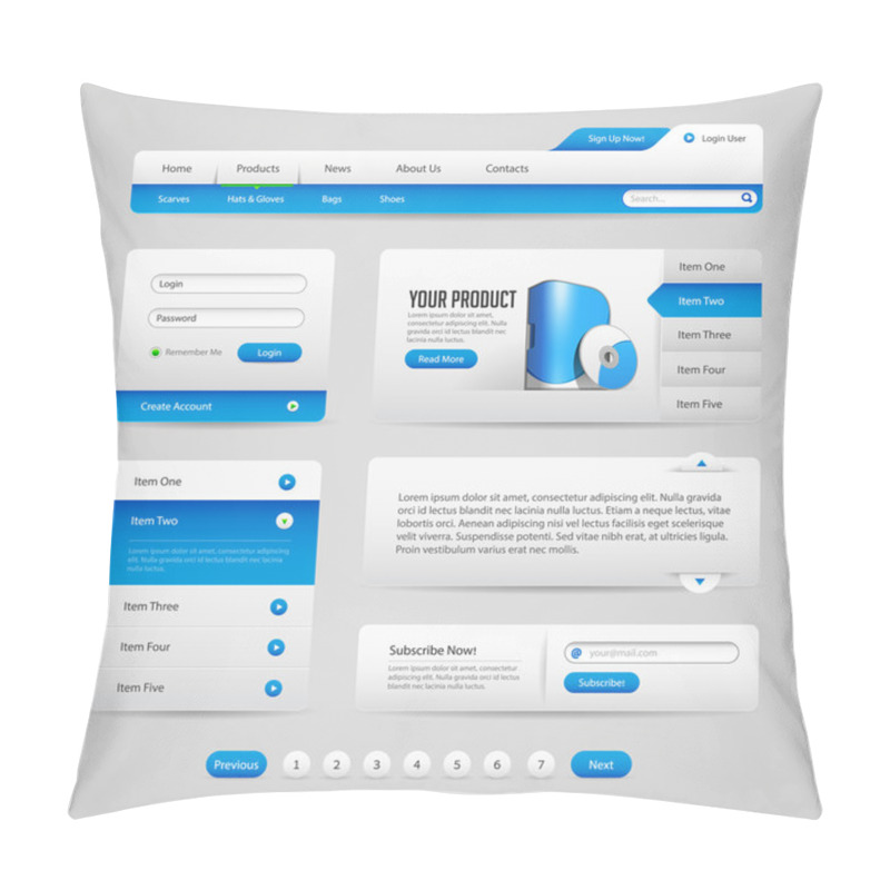 Personality  Web UI Controls Elements Gray And Blue On Light Background 3: Navigation Bar, Buttons, Slider, Message Box, Menu, Tabs, Login, Search, Menu, Scroll, Progress Bar, Accordion Pillow Covers
