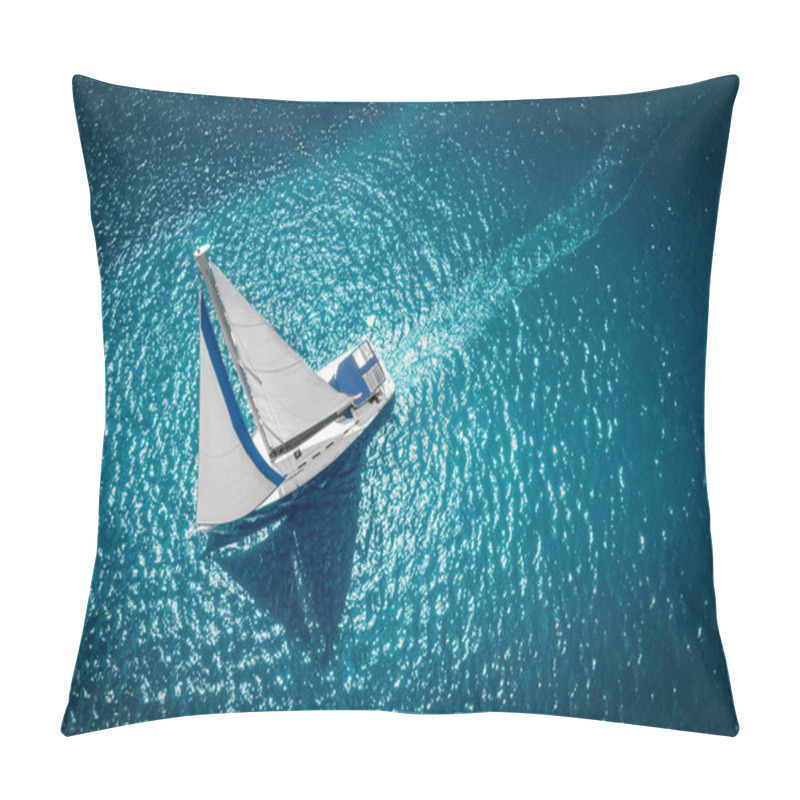 Personality  Regatta Sailing Ship Yachts With White Sails At Opened Sea. Aerial View Of Sailboat In Windy Condition Pillow Covers