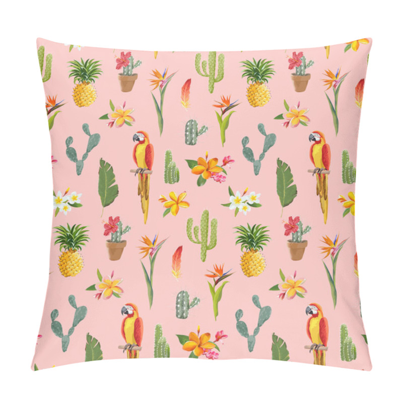 Personality  Tropical Background. Parrot Bird. Cactus Background. Tropical Flowers. Seamless Pattern. Vector Pillow Covers