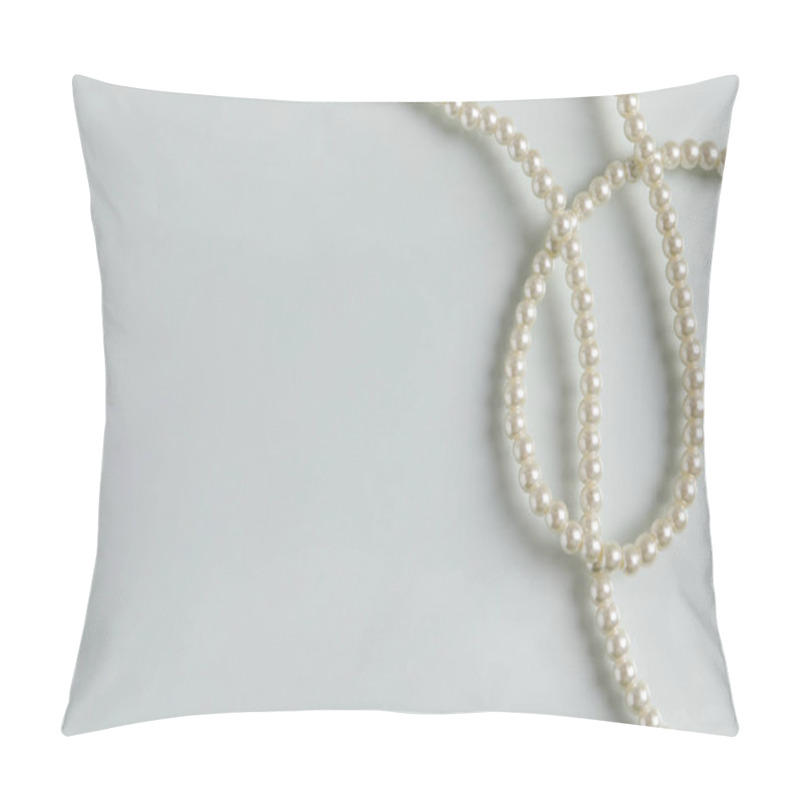 Personality  Elegant Pearl Necklace On White Table, Top View. Space For Text Pillow Covers