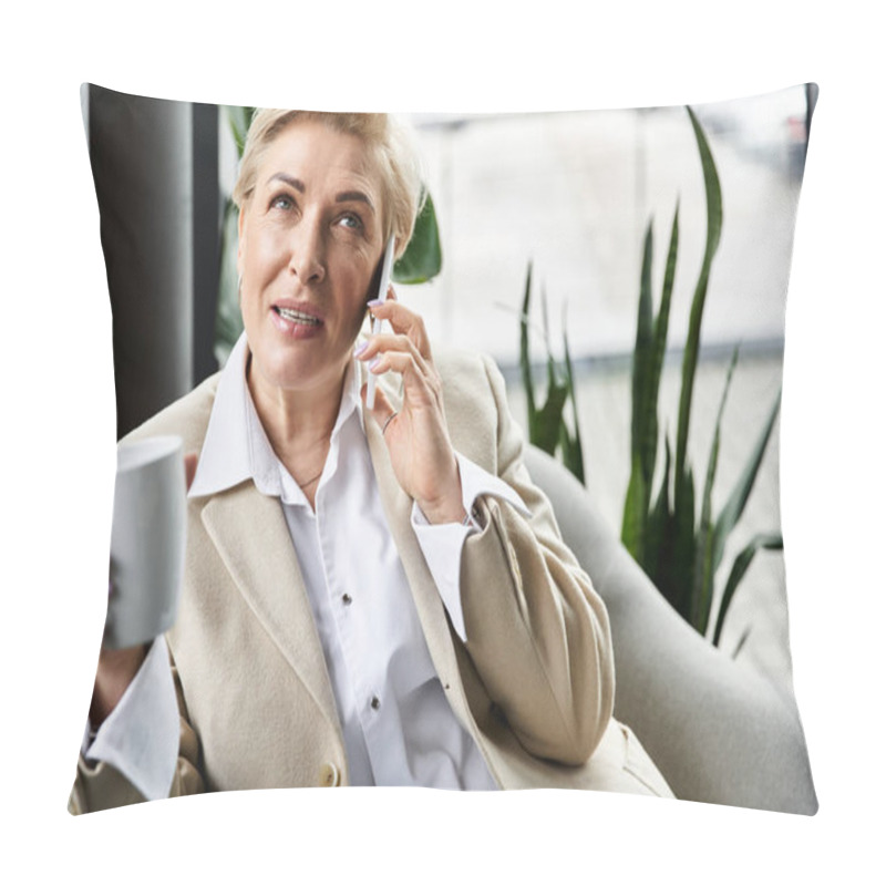 Personality  A Fashionable Adult Woman Engages In A Heartfelt Phone Call While Enjoying Her Coffee. Pillow Covers