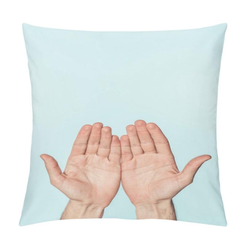 Personality  Cropped Image Of Man Showing Open Palms Isolated On Blue Background  Pillow Covers