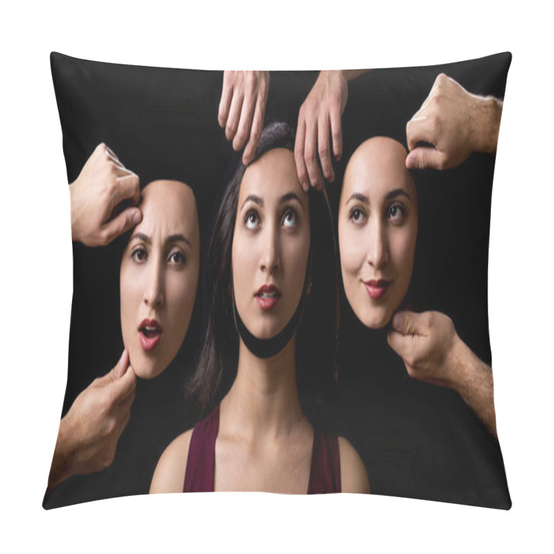 Personality  Hands Of Man Making Change Of Personality In Woman Character Pillow Covers