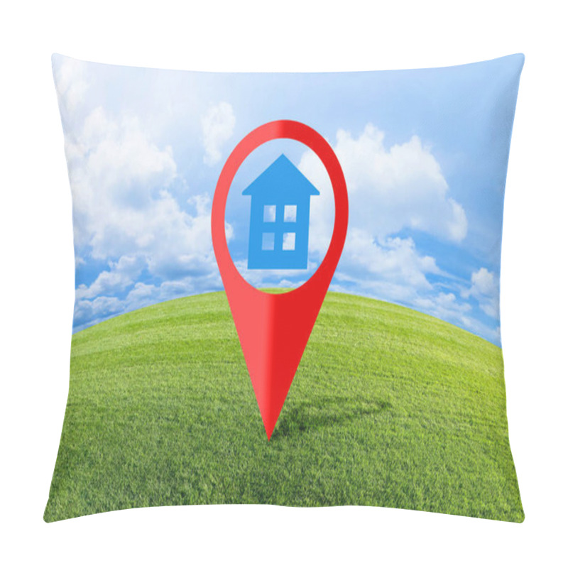 Personality  Real Estate And Building Activity Concept With A Vacant Land On A Green Field Available For Building Construction - Concept With Red Location Pin Point Icon Pillow Covers