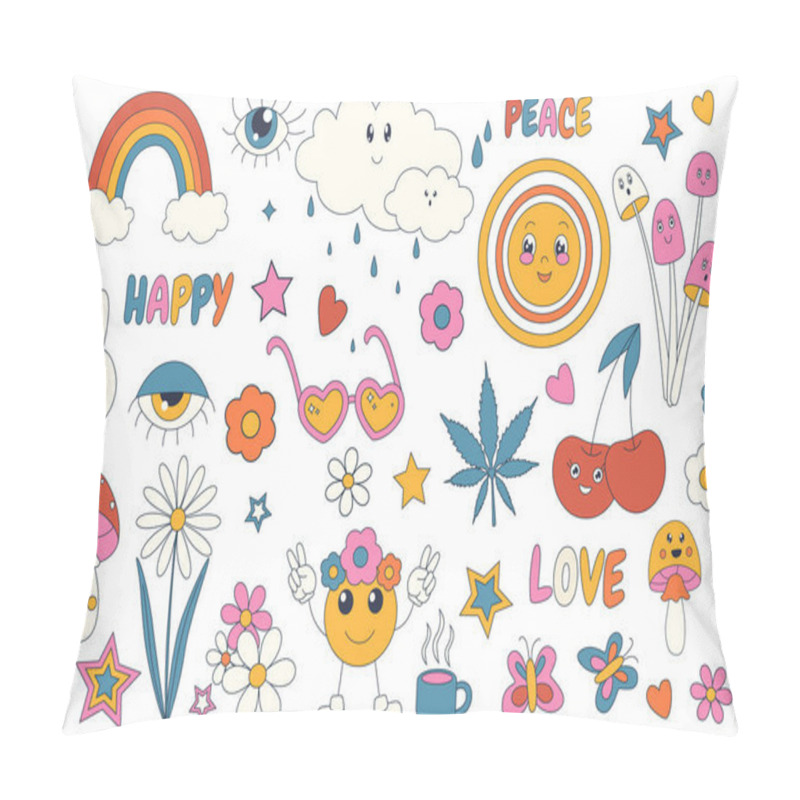 Personality  Groovy Hippie 70s Mega Set Graphic Elements In Flat Design. Bundle Of Peace, Love, Happy, Rainbow, Psychedelic Mushrooms, Flowers, Leaves, Butterflies And Other. Vector Illustration Isolated Objects Pillow Covers