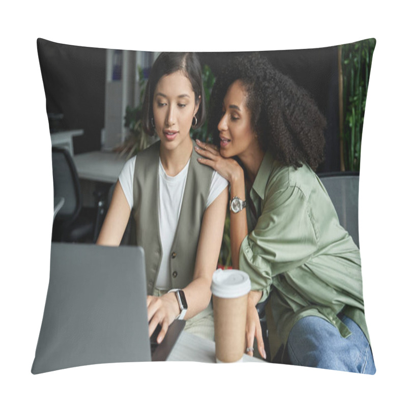 Personality  Two Women Work Together In An Office, One Leaning In To Look At The Others Computer Screen. Pillow Covers