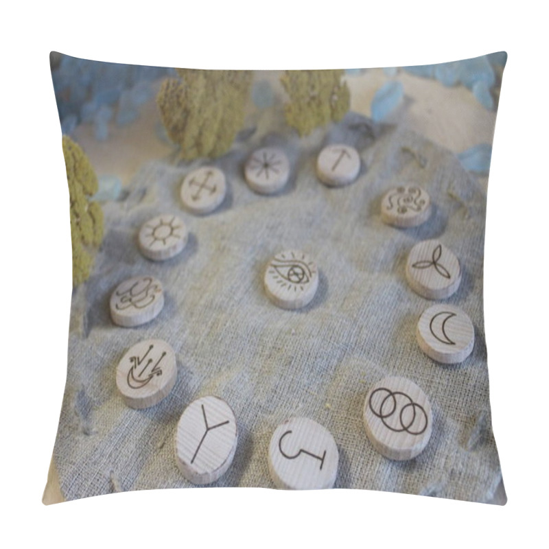 Personality  Wooden Handmade Witch Runes With A Linen Pouch, Blue Cristals And Yellow Flowers In A Rustic Style Pillow Covers