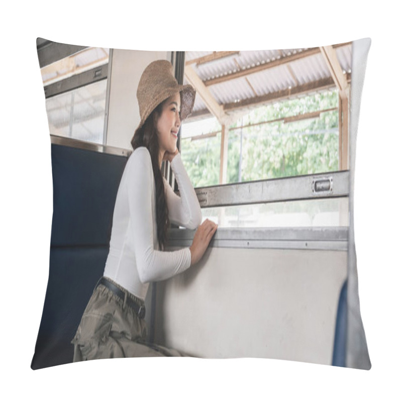 Personality  Asian Woman Enjoying Train Ride And Scenic View, Concept Of Relaxation. Pillow Covers