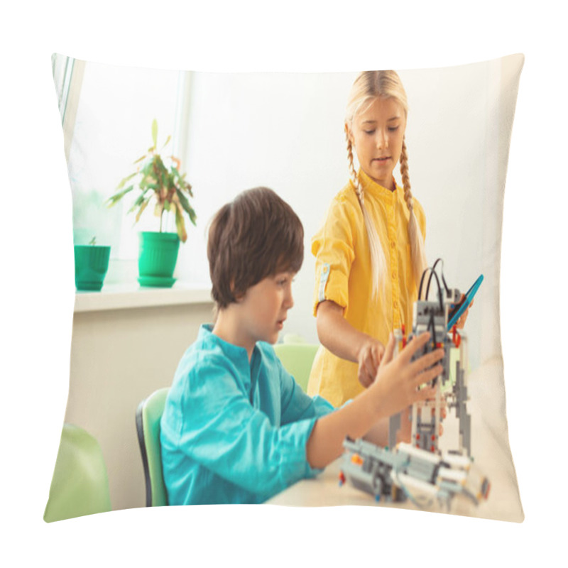 Personality  Girl Helping Her Classmate Constructing A Robot. Pillow Covers