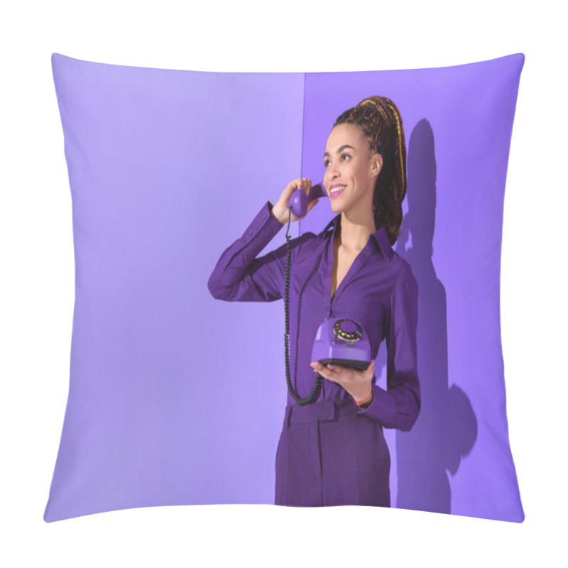 Personality  Attractive Mulatto Girl Talking On Rotary Phone At Ultra Violet Wall Pillow Covers