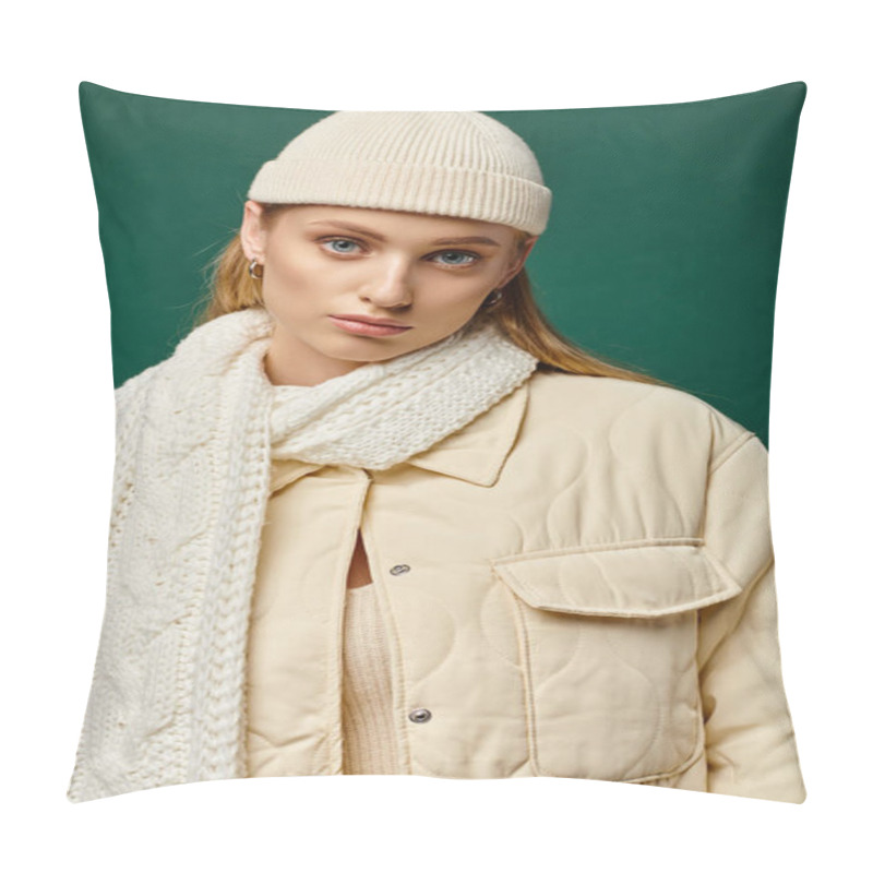 Personality  Young Woman In Ivory Jacket And Knitted Scarf With Beanie Hat On Green Backdrop, Winter Street Style Pillow Covers