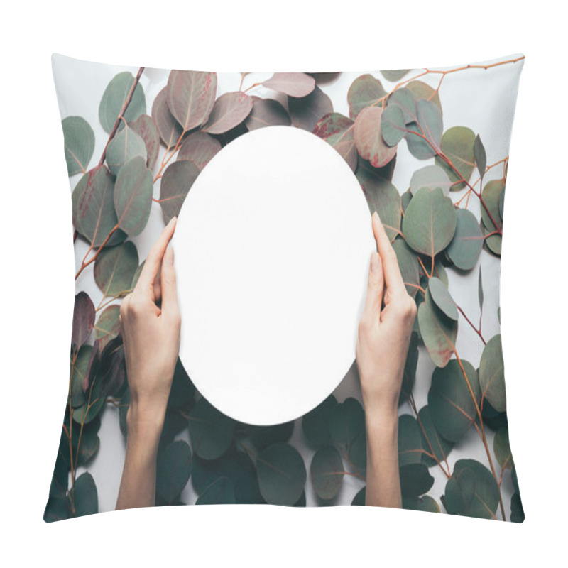 Personality  Partial View Of Woman Holding Empty Round Frame On White With Eucalyptus Leaves  Pillow Covers