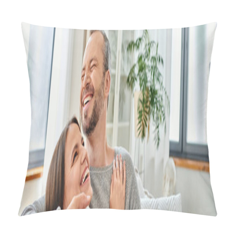 Personality  Cheerful Child-free Couple Embracing And Laughing On Couch In Modern Living Room, Horizontal Banner Pillow Covers