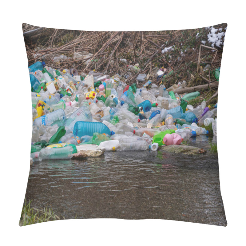 Personality  CLOSE UP: Accumulated Pile Of Various Plastic Bottles Caught At The River Edge. Worrying View Of The Polluted River With Thrown Plastic Rubbish. Accumulated Plastic Bottles Floating On River Surface. Pillow Covers