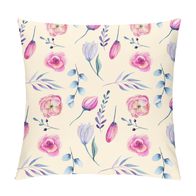 Personality  Watercolor Pink Peonies And Blue Branches Seamless Pattern, Hand Drawn On A Creamy Background Pillow Covers