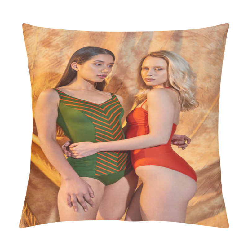 Personality  Feminine Energy, Interracial Women In Swimwear Hugging And Posing On Beige Background With Drapery Pillow Covers