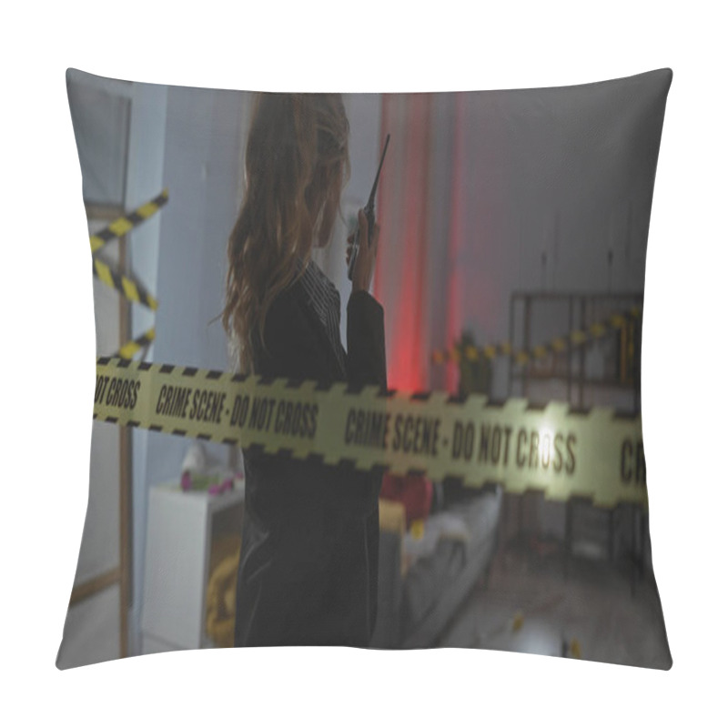 Personality  A Blonde Woman Investigates A House Crime Scene, Communicating Via Radio Amidst Warning Tapes And Evidence Markers. Pillow Covers