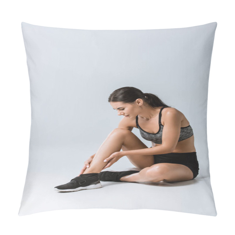 Personality  Attractive Brunette Sportswoman With Ankle Pain On Grey Pillow Covers