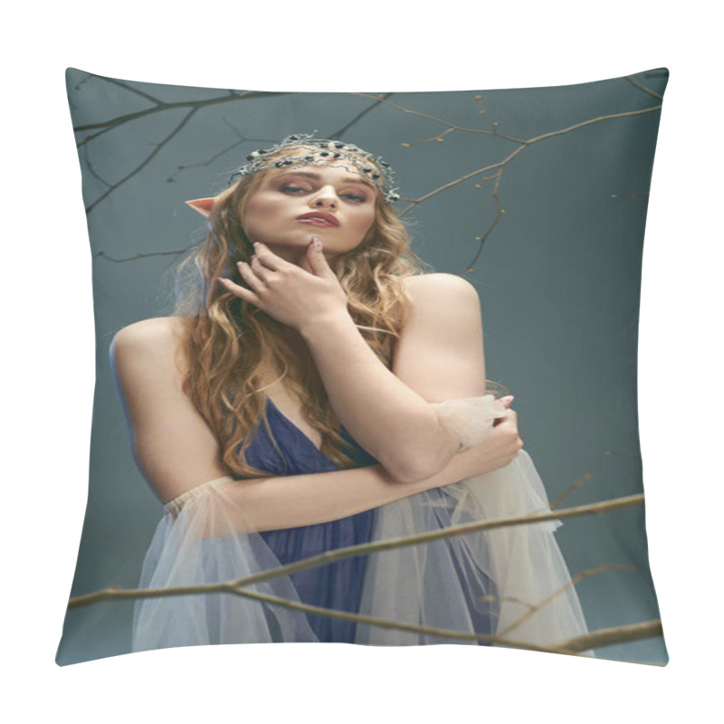 Personality  A Young Woman, Resembling A Fairy-tale Elf Princess, Stands Gracefully In A Blue Dress In Front Of A Majestic Tree. Pillow Covers