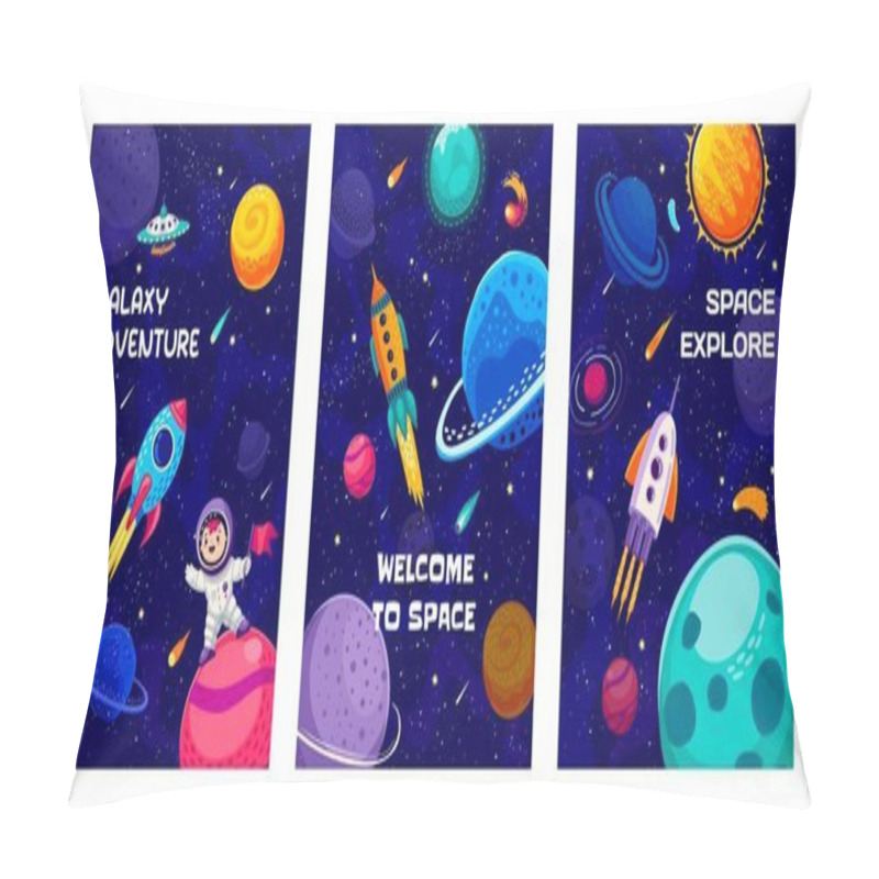 Personality  Galaxy Space Posters With Kid Astronaut, Rocket Spaceship And Planets, Cartoon Vector. Kid Spaceman With Flag On Galaxy Planet With Alien UFO, Asteroids And Rockets In Starry Galactic Sky Background Pillow Covers