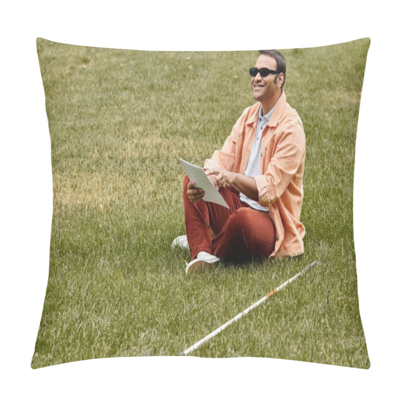 Personality  Merry Indian Blind Man In Orange Vivid Jacket Sitting On Grass With Glasses And Reading Braille Code Pillow Covers