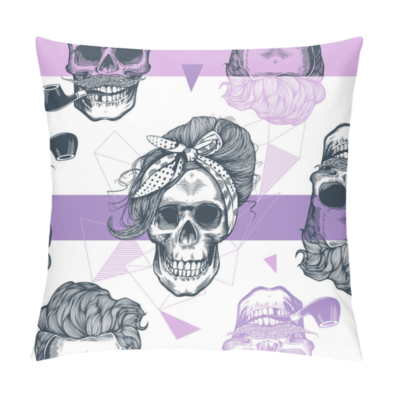 Personality  Seamless Pattern In Pop Art Style With Skeleton Womens Heads, Fashion Scarf And Hairstyle, Against Triangle And Purple Stripes On Background. Vector Illustration, Pillow Covers