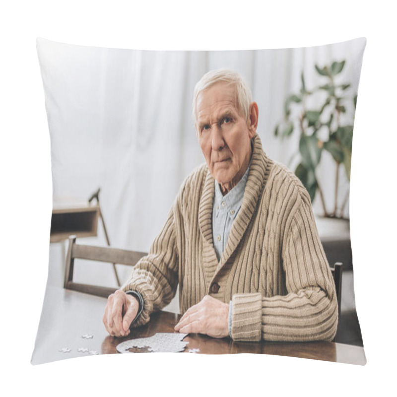 Personality  Sad Pensioner With Grey Hair Playing With Puzzles At Home  Pillow Covers