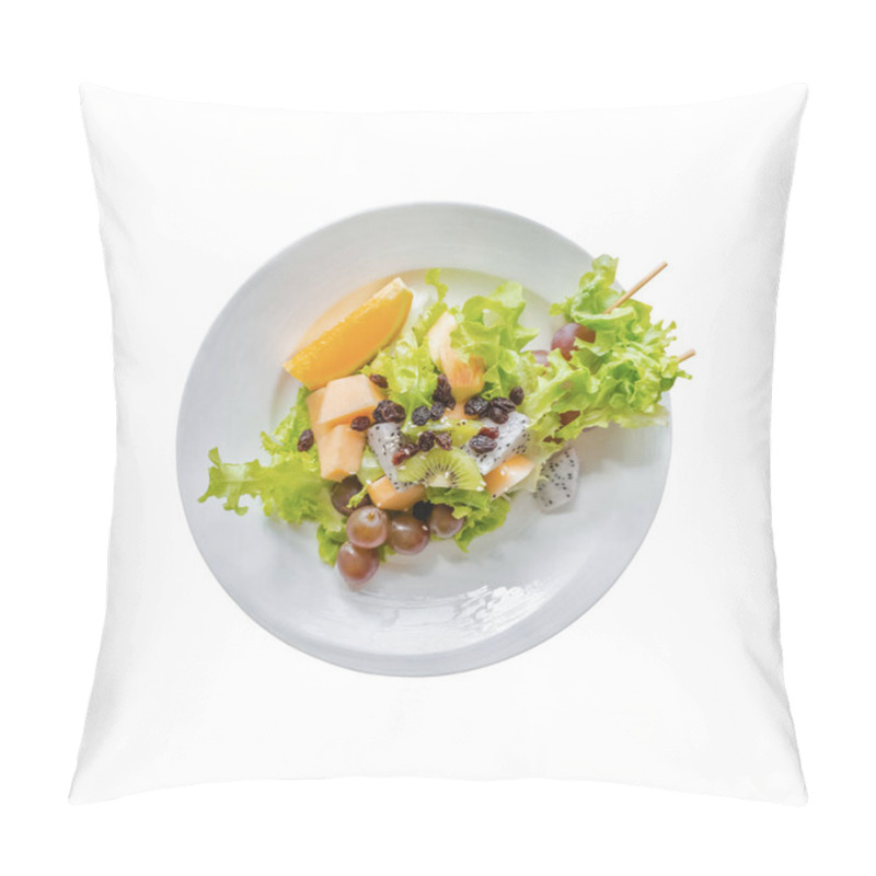 Personality  Menu Healthy Fruit Salad With Lettuce, Kiwi, Dragon Fruit,melon, Red Grape,orange, Apple Mix On Dish Isolated White Background Pillow Covers