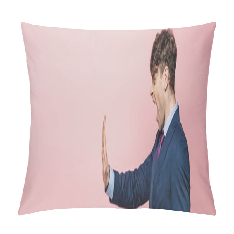 Personality  Panoramic Shot Of Angry Businessman Showing Stop Gesture Isolated On Pink Pillow Covers