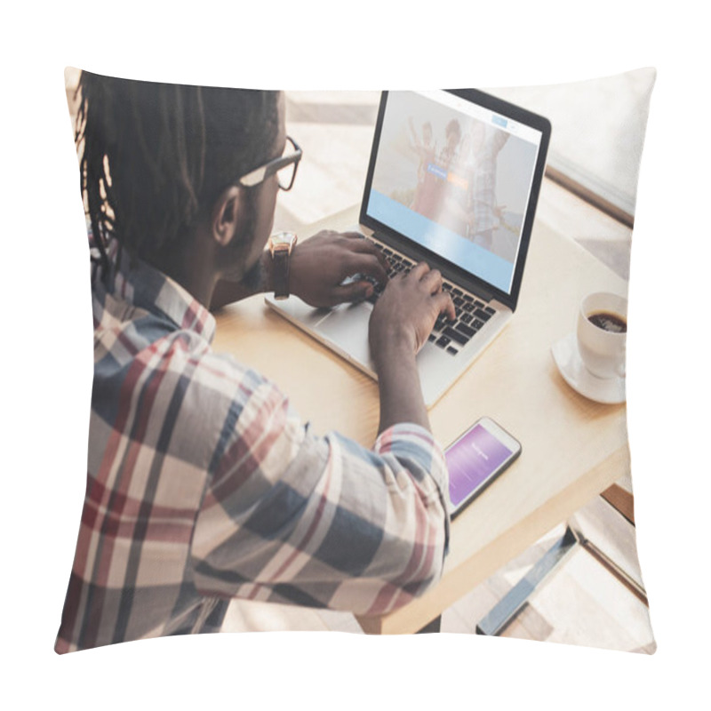 Personality  African American Man Using Laptop With Couchsurfing Website And Smartphone With Instagram Appliance Pillow Covers