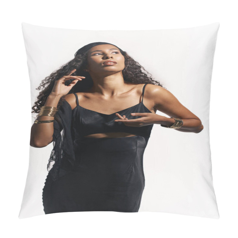 Personality  A Stunning Woman Showcases Her Beauty And Poise In A Sleek Black Dress Against A Clean Backdrop. Pillow Covers