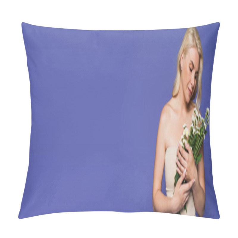 Personality  Sensual Woman With Bare Shoulders Looking At Blooming Flowers Isolated On Purple, Banner Pillow Covers