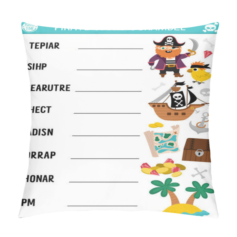 Personality  Vector Pirate Word Scramble Activity Page. English Language Game With Ship, Treasure Island, Chest For Kids. Sea Adventures Family Quiz With Map, Parrot. Educational Printable Worksheet Pillow Covers