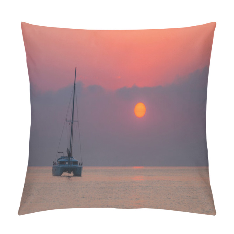 Personality  Sailing Catamaran On A Background Of A Beautiful Sunset In The Sea Pillow Covers