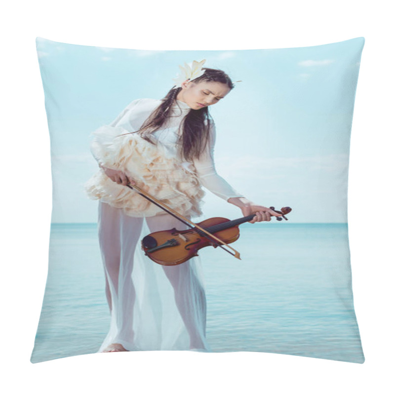 Personality  Tender Woman In White Swan Costume With Violin Standing On Blue River And Sky Background Pillow Covers