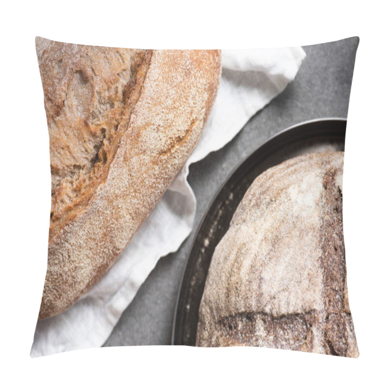 Personality  Top View Of Loafs On Baked Bread On Linen And Plate On Grey Surface Pillow Covers