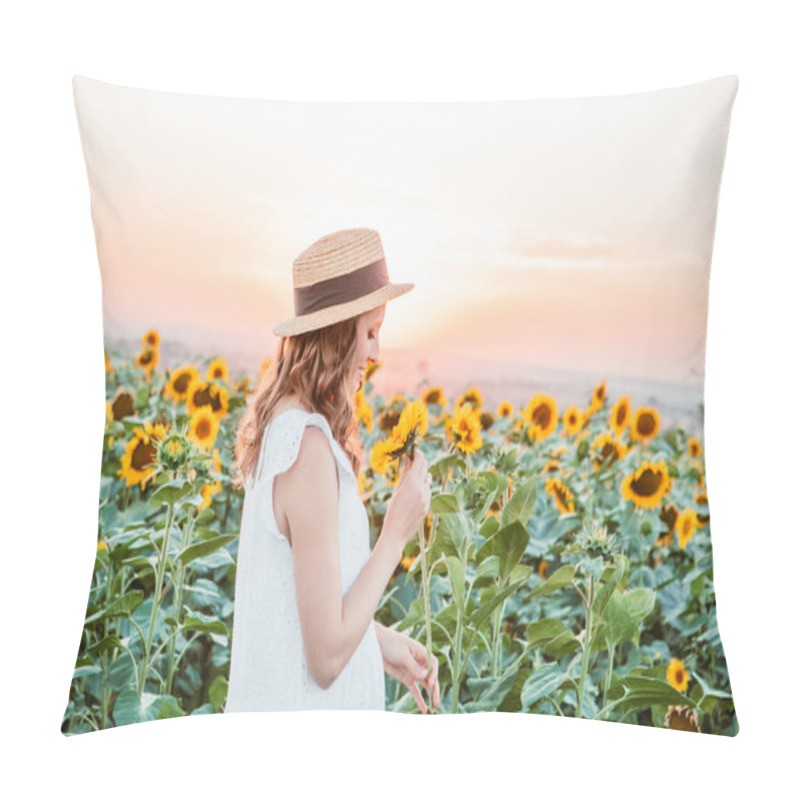 Personality  Young Pretty Woman In White Sundress At Blooming Sunflowers Field Pillow Covers