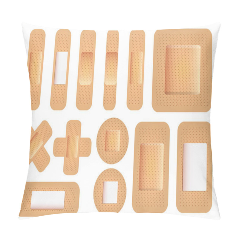 Personality  Different Shapes Medical Plasters. Adhesive Strip Bandages With Realistic Texture For Health Care. Vector Plaster Set Isolated On White Background. Vector EPS10 Pillow Covers