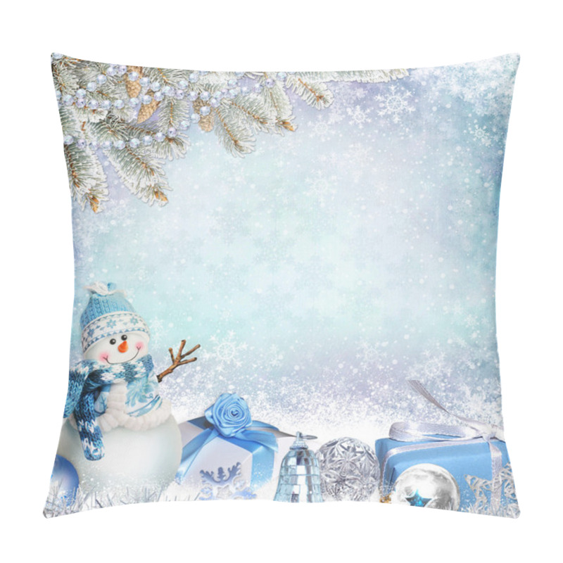 Personality  Christmas Greeting Background With Pine Branches, Snowman And Gifts Pillow Covers