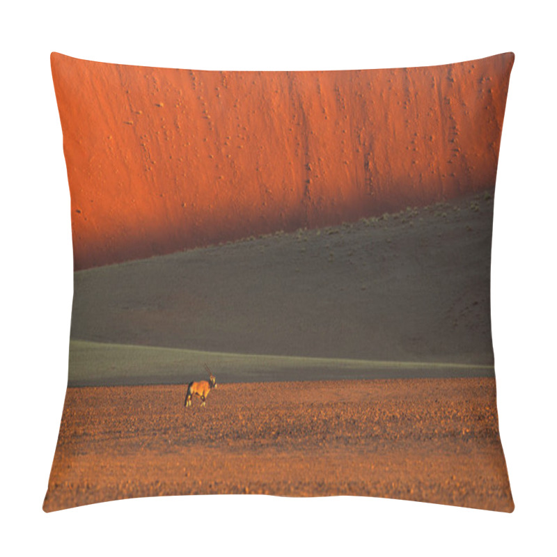 Personality  Gemsbok With Orange Sand Dune Evening Sunset. Gemsbuck, Oryx Gazella, Large Antelope In Nature Habitat, Sossusvlei, Namibia. Wild Animal In The Savannah. Animal With Big Straight Antlers Horns. Pillow Covers