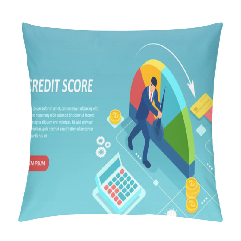 Personality  Credit Score Concept. Vector Of A Businessman Pushing Scale Arrow Changing Credit History From Poor To Good. Pillow Covers