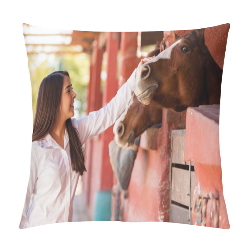 Personality  Girl Petting Couple Of Horses In The Stables Pillow Covers